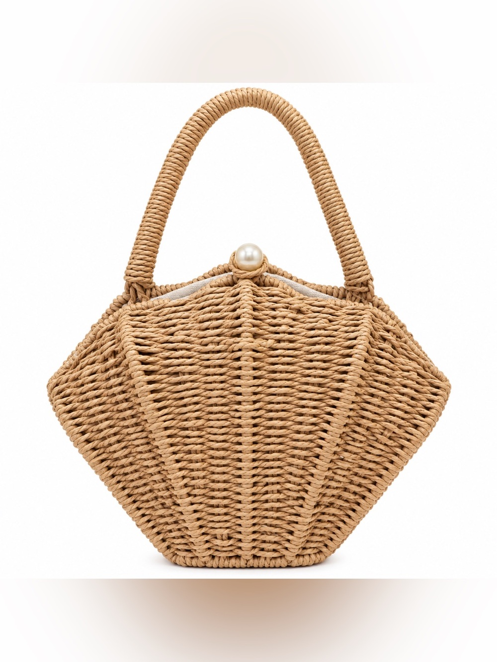 Woven Raffia Basket Handbag Pearl Clasp Coastal Resort Summer Purse